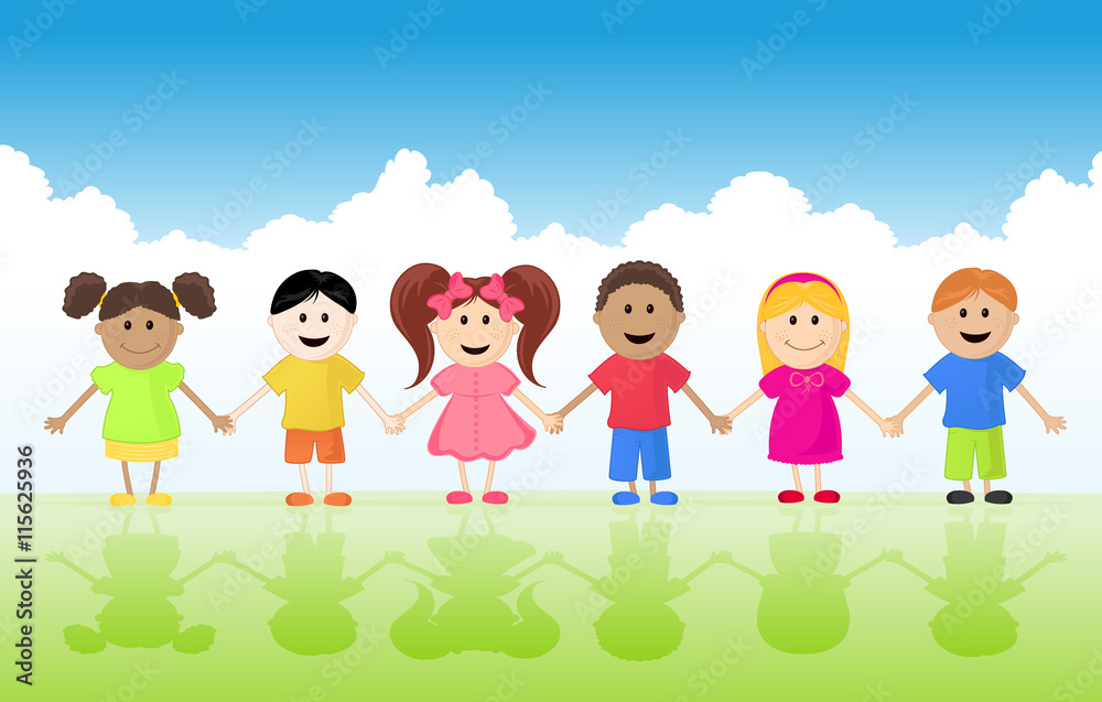 Multicultural Kids Holding Hands. Vector Illustration.