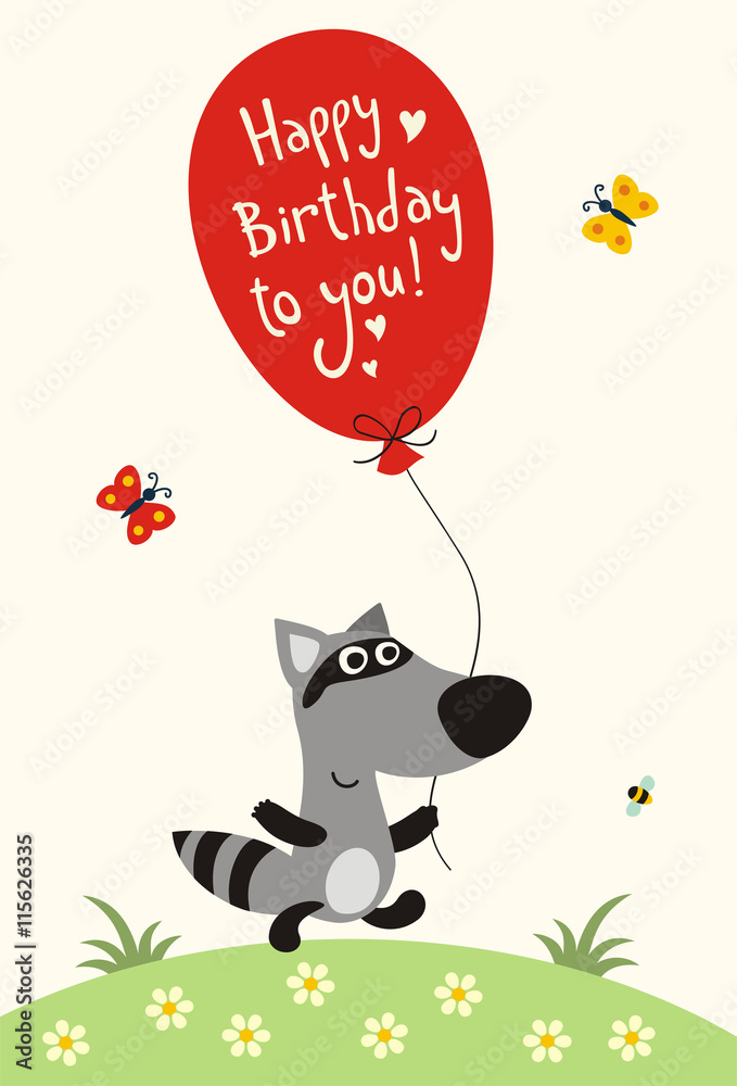 Happy birthday! Funny little raccoon with balloon to inscription 