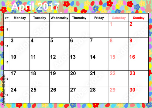 Kalender 2017 Monat April mit Feiertagen für die USA auf buntem Hintergrund mit Ostereiern, Osterhasen