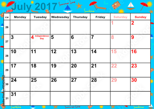 Kalender 2017 Monat Juli mit Feiertagen für die USA auf buntem Hintergrund mit sommerlichen Motiven