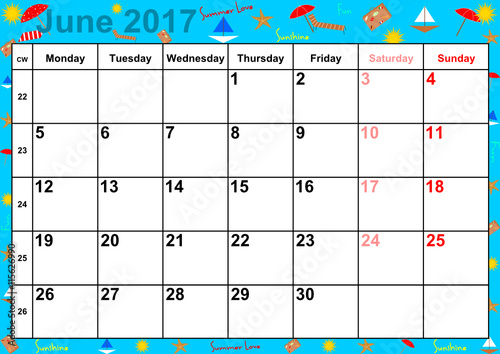 Kalender 2017 Monat Juni mit Feiertagen für die USA auf buntem Hintergrund mit sommerlichen Motiven