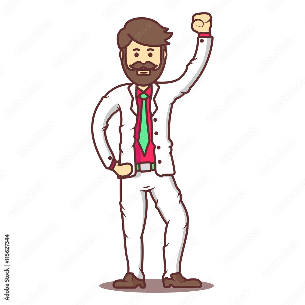 Vector cartoon business man with beard and mustache in happy pose.