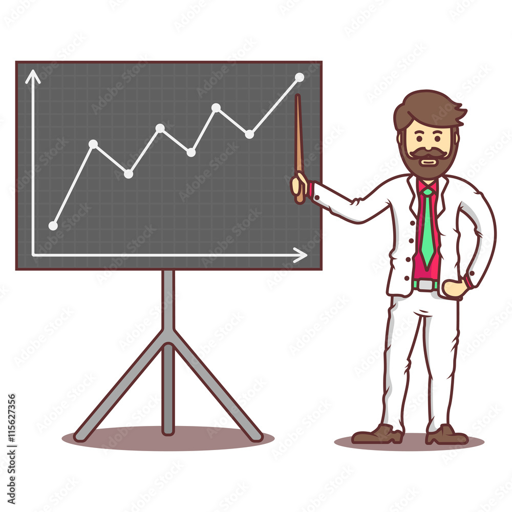 Vector cartoon business man with beard and mustache beside graph. Vector cartoon business man with beard and mustache beside graph.