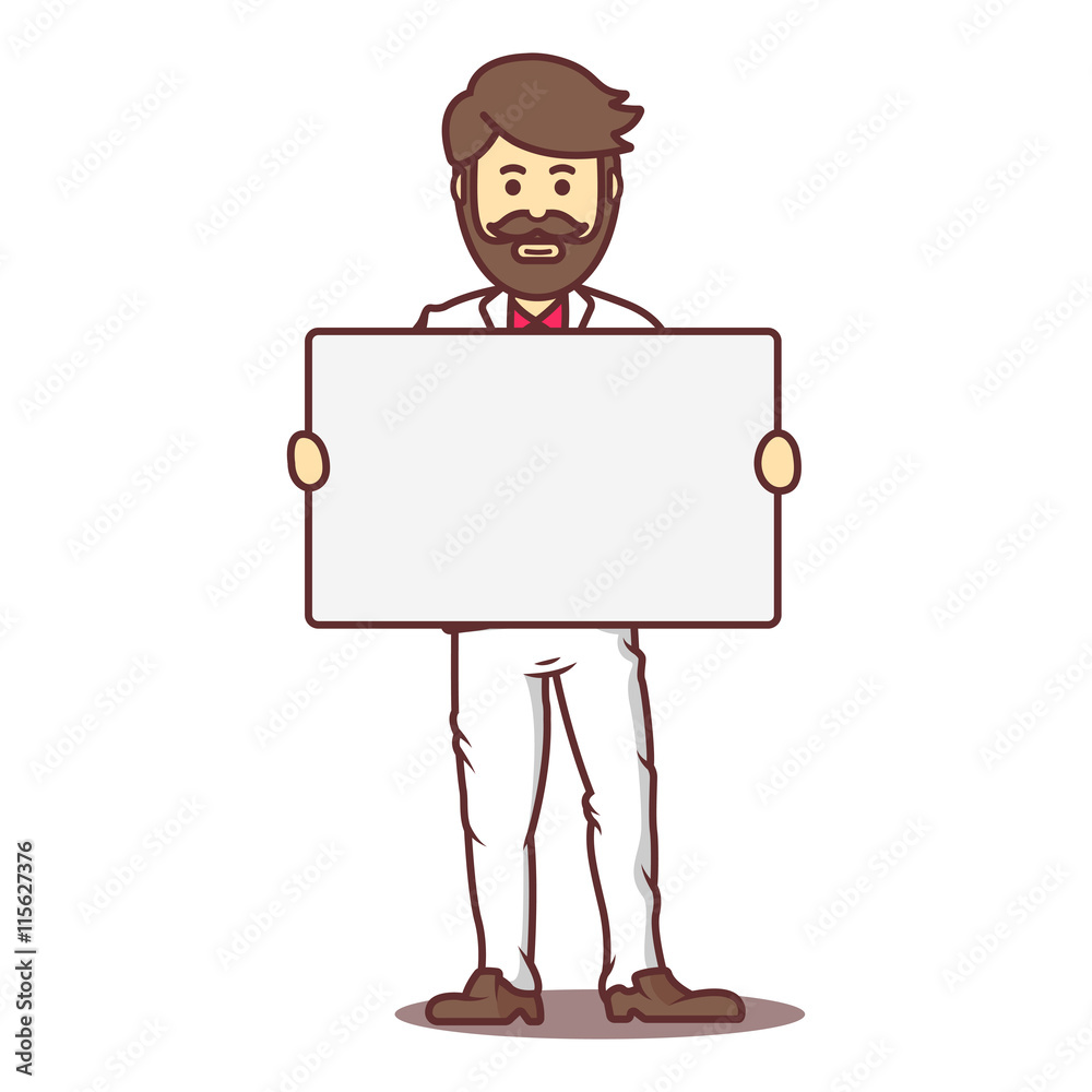 Vector cartoon business man with beard and mustache with poster. Vector cartoon business man with beard and mustache with poster.