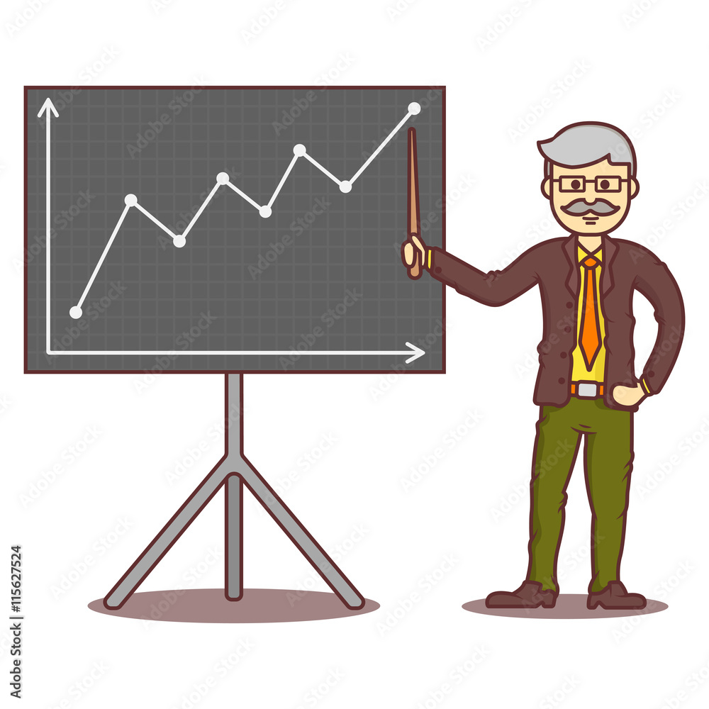 Vector cartoon business man gray-haired with mustache beside graph. Vector cartoon business man gray-haired with mustache beside graph.