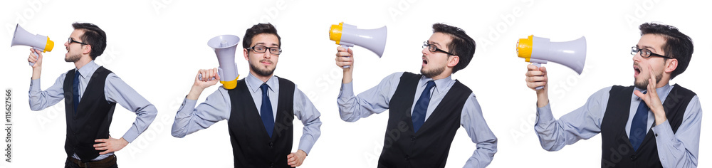 Collage of young businessman with loudspeaker on white Collage of young businessman with loudspeaker on white