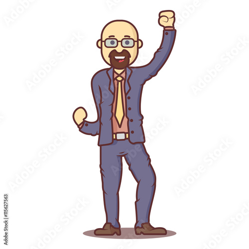 Vector cartoon business man hairless with beard in happy pose.