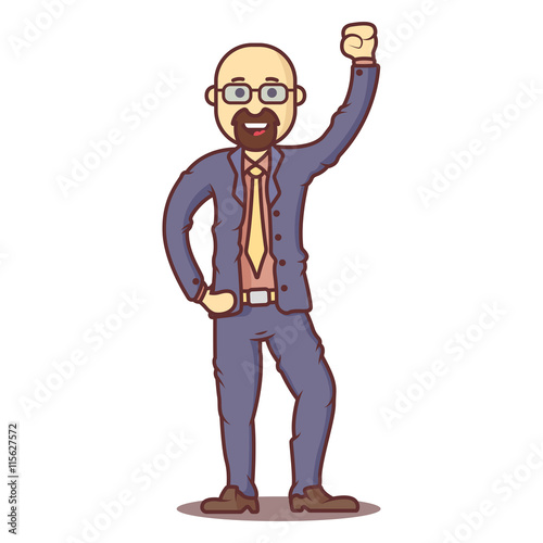 Vector cartoon business man hairless with beard in happy pose.