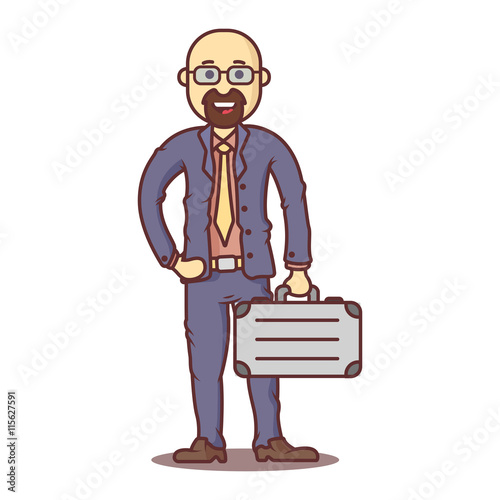 Vector cartoon business man hairless with beard with briefcase.