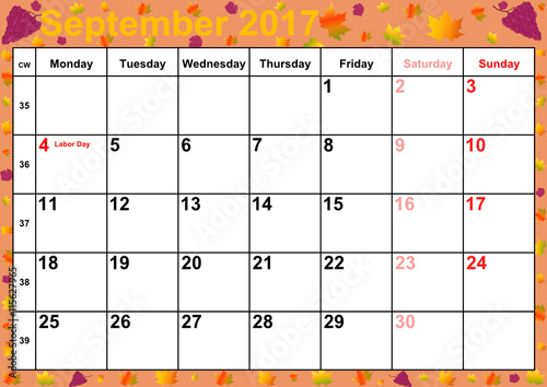Kalender 2017 Monat September mit Feiertagen für die USA auf buntem Hintergrund mit herbstlichen Motiven und roten Weintrauben