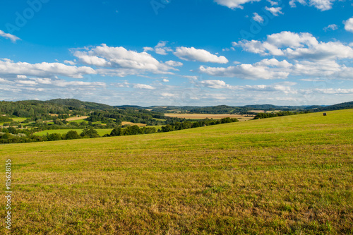 Summer hilly landscape withe green field  forests  blue sky and white clouds  Central Bohemia  Czech Republic