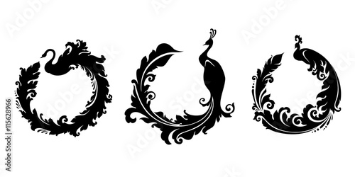 Set of decorative birds:  swan, peacock