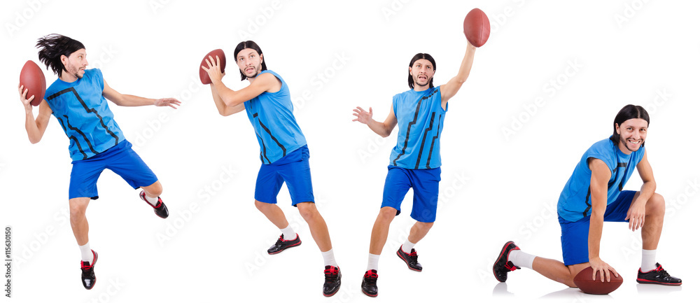 Young american football player on white