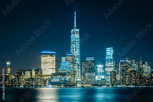View of the Lower Manhattan skyline at night  from Exchange Plac