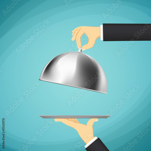 Waiter holding a tray with a dome in his hands. Stock Vector car