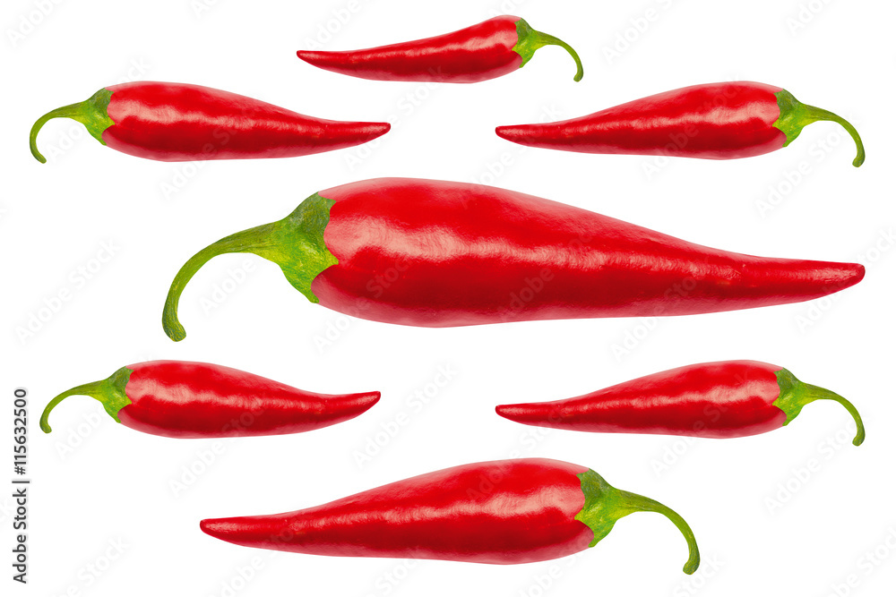 Red hot chili peppers with clipping path isolated on white. Red hot chili peppers with work path. Spicy chilli peppers.
