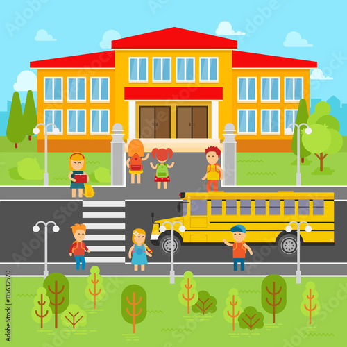 Children go back to school vector flat illustration. School bus, kids infographic elements. Girls and boys with backpacks going to learn. The knowledge Day. School concept stock vector design