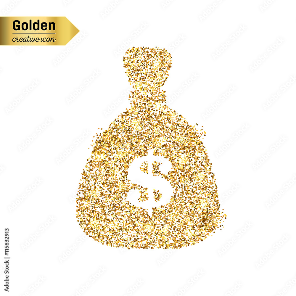 Gold glitter vector icon of money bag isolated on background. Art creative concept illustration for web glow light confetti bright sequins sparkle tinsel abstract bling shimmer dust foil. Stock Vector...