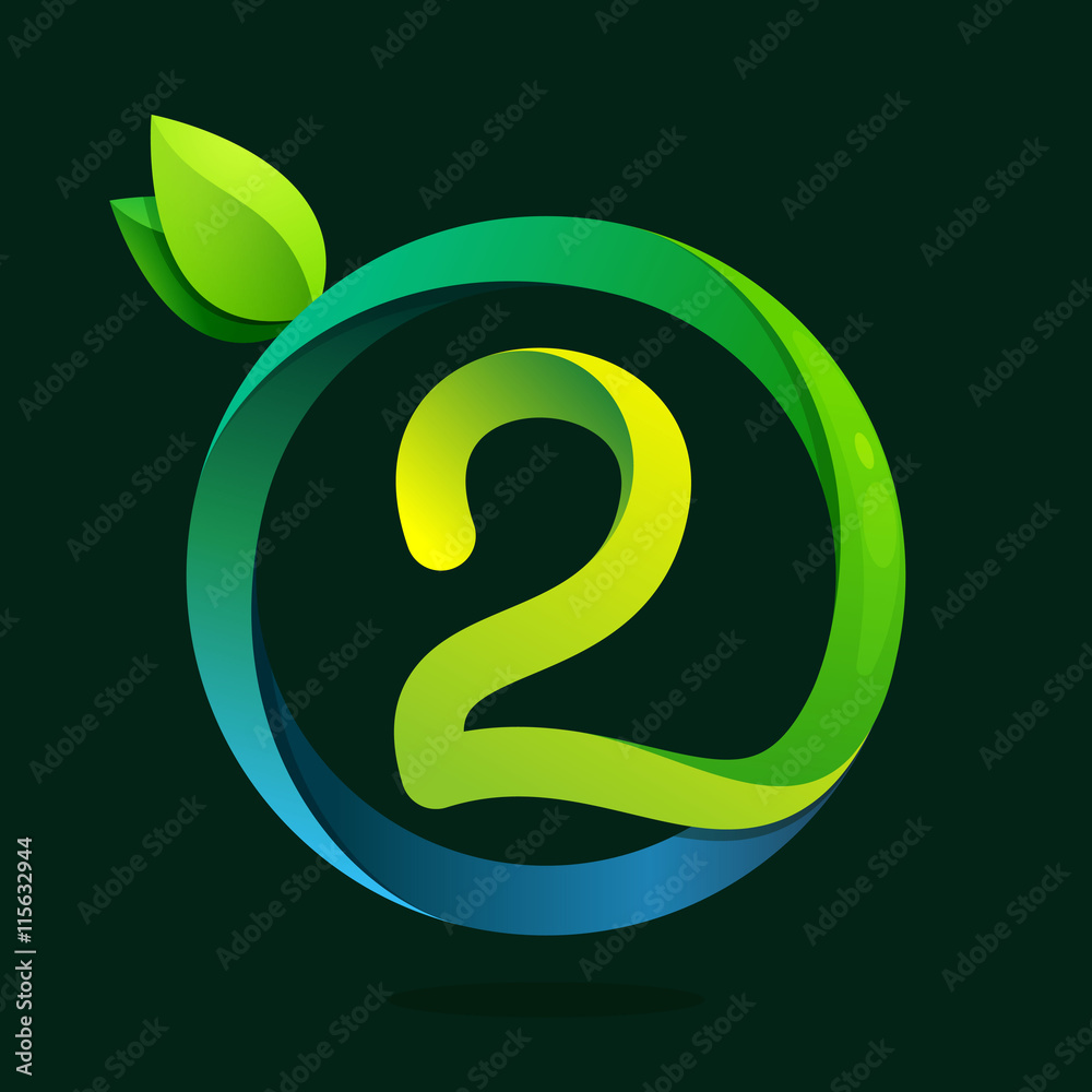 Fototapeta premium Number two logo with green leaves and water waves.