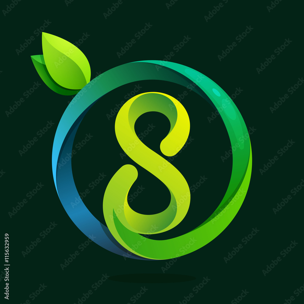 Number eight logo with green leaves and water waves. Number eight logo with green leaves and water waves.