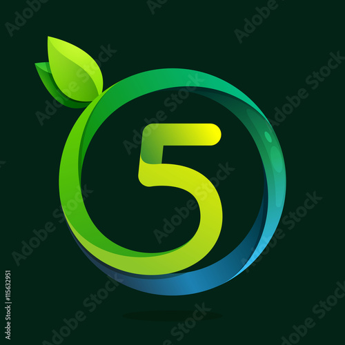Number five logo with green leaves and water waves.