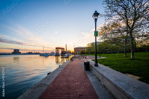 Walkway on the waterfront at sunset, in Canton, Baltimore, Maryl
