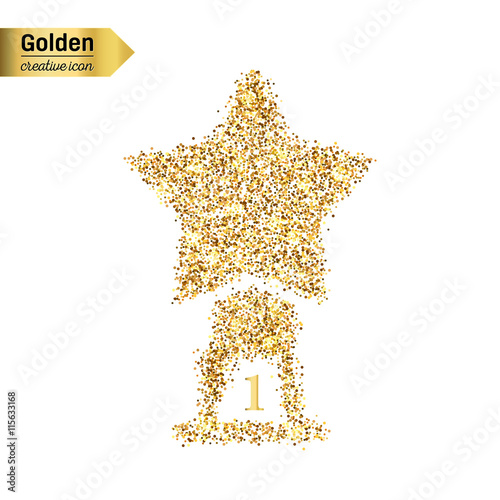 Gold glitter vector icon of statuette isolated on background. Art creative concept illustration for web, glow light confetti, bright sequins, sparkle tinsel, abstract bling, shimmer dust, foil.