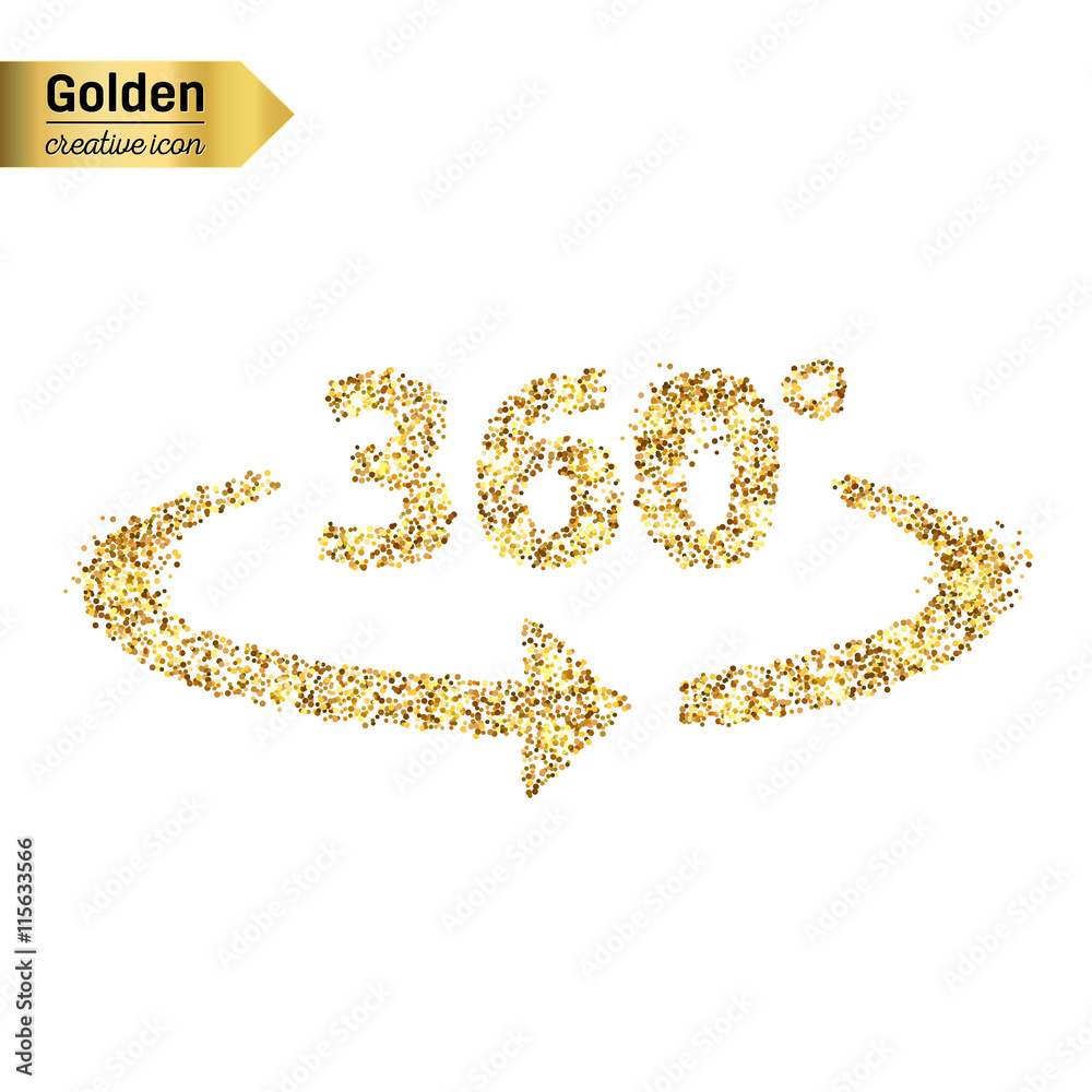 Gold glitter vector icon of 360 degrees isolated on background. Art creative concept illustration for web, glow light confetti, bright sequins, sparkle tinsel, abstract bling, shimmer dust, foil. Gold glitter vector icon of 360 degrees isolated on background. Art creative concept illustration for web, glow light confetti, bright sequins, sparkle tinsel, abstract bling, shimmer dust, foil.