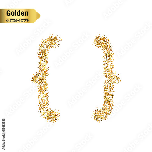 Gold glitter vector icon of curly bracket isolated on background. Art creative concept illustration for web, glow light confetti, bright sequins, sparkle tinsel, abstract bling, shimmer dust, foil.