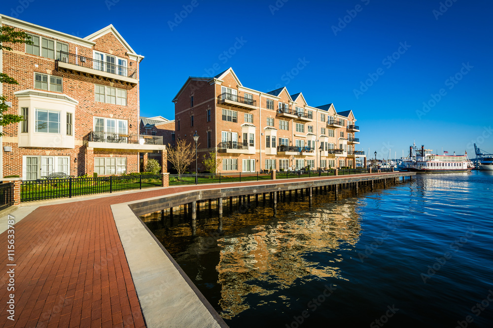 Waterfront apartment buildings in Canton, Baltimore, Maryland.