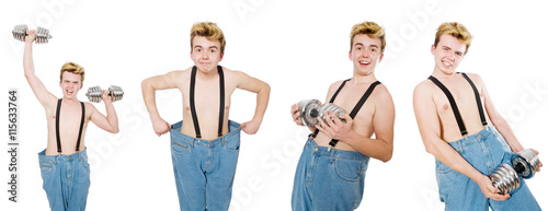 Collage of funny man with dumbbells on white