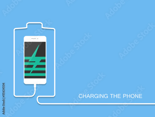 Phone charging with energy bank. Smarthone with line wire. Minim