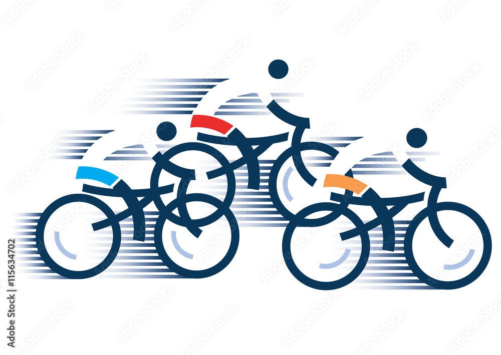 Obraz premium Three Road cyclists Stylized drawing of cyclists, isolated on the white background. Vector available. 