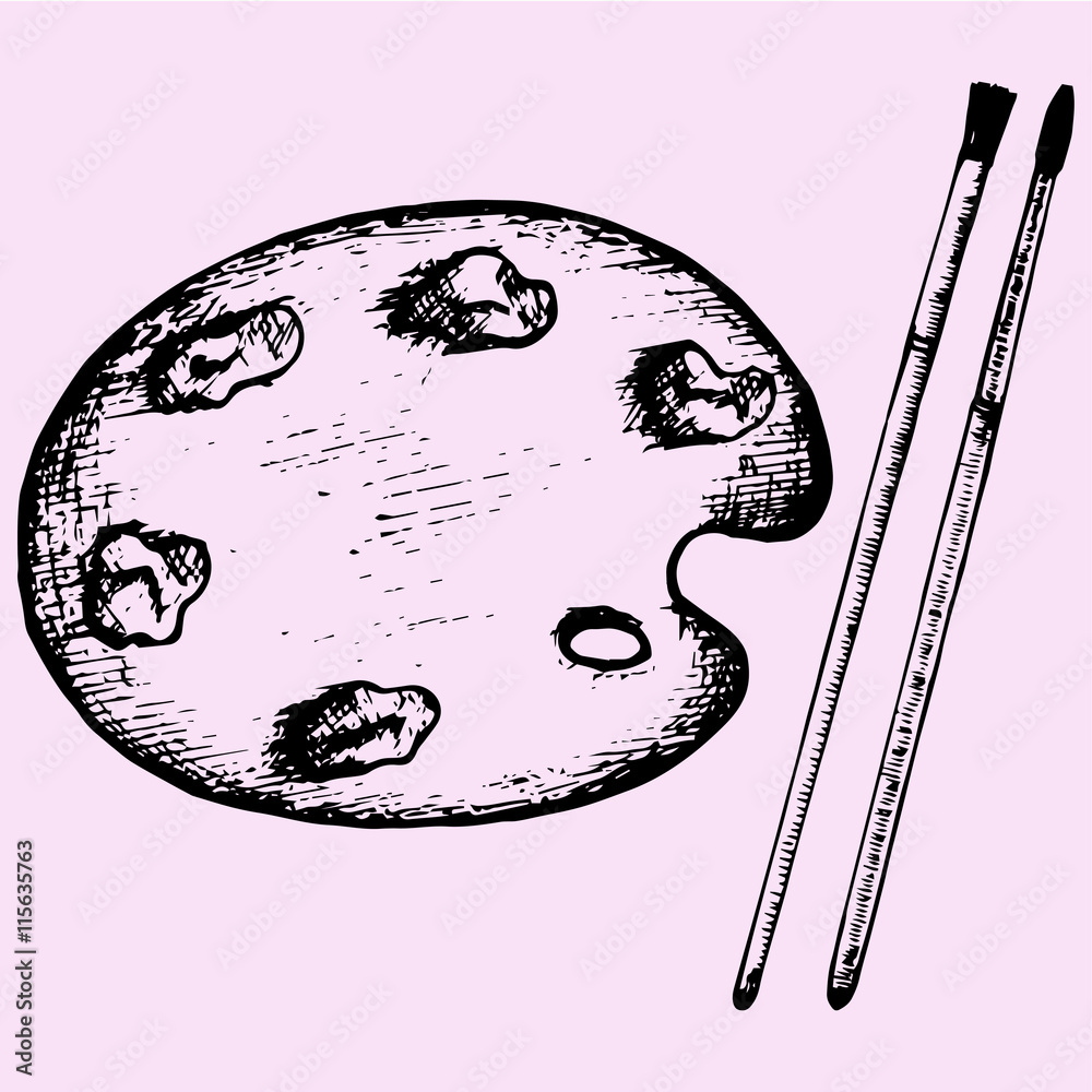 Paint palette and brush doodle style sketch illustration hand