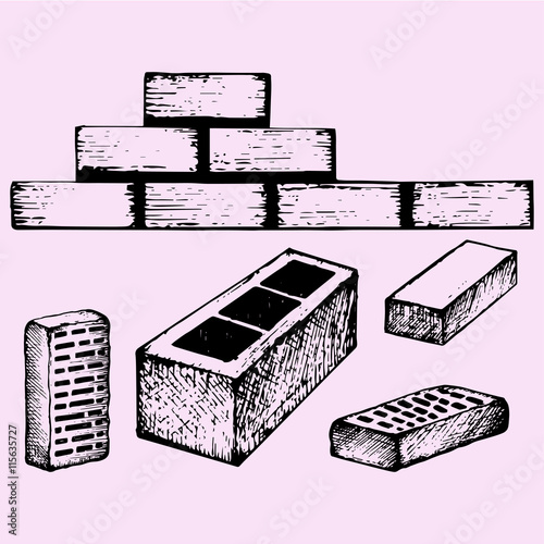 set bricks, cinder block doodle style sketch illustration hand drawn vector