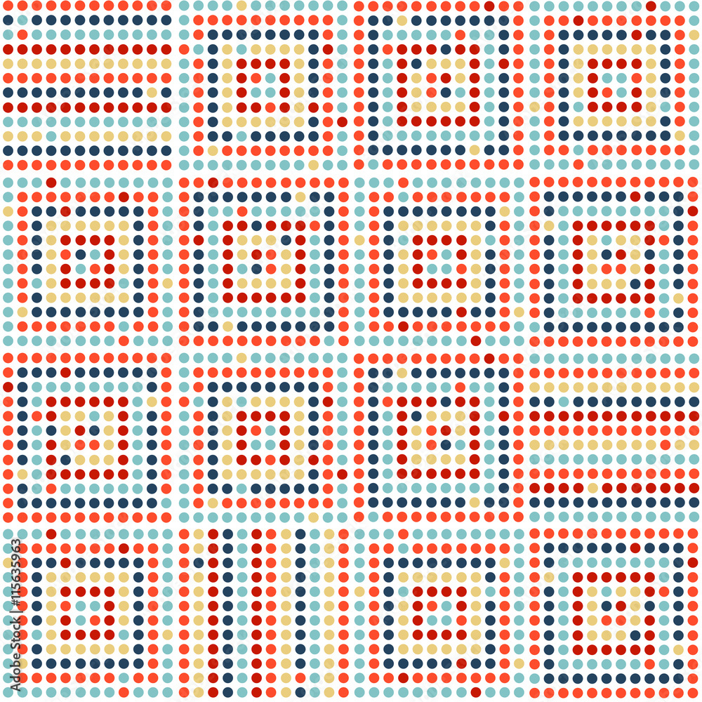 Seamless abstract geometric pattern. Colorful dotted squares on white background. Vector.