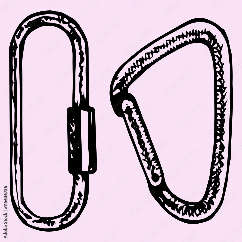 Black and white handdrawn illustration of a carabiner  equipment for  tourism mountaineering climbing isolated on white background Stock  Illustration  Adobe Stock