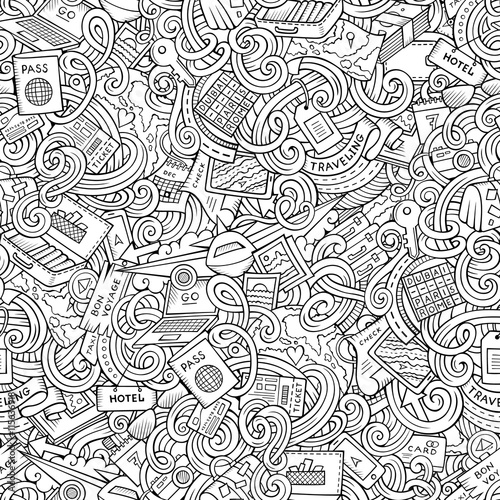 Cartoon doodles travel planning seamless pattern