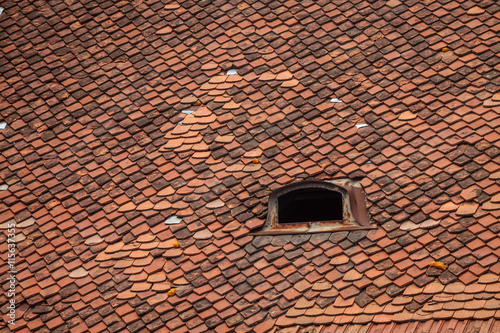 Color picture of red tile roof with skylight
