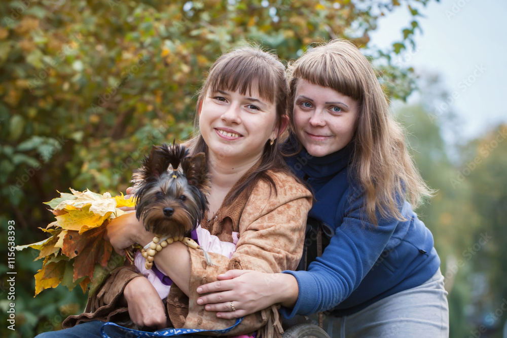 girl in wheelchair with her little dog and girlfriend smiling i girl in wheelchair with her little dog and girlfriend smiling i