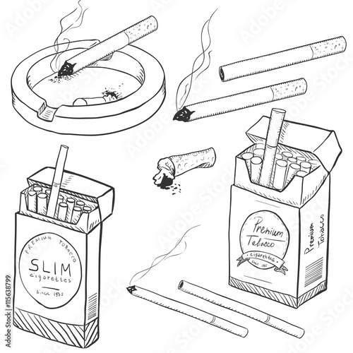 Vector Set of Sketch Cigarettes and Cigarette Boxes.