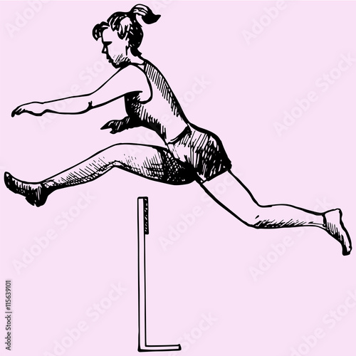Professional female hurdler in action doodle style sketch illustration hand drawn vector