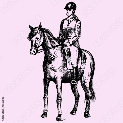 Equestrian sport, woman in gear sitting on a horse doodle style sketch illustration hand drawn vector