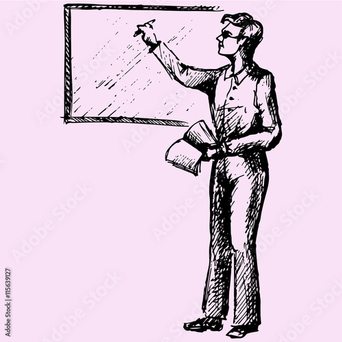 Teacher near blackboard with a book doodle style sketch illustration hand drawn vector