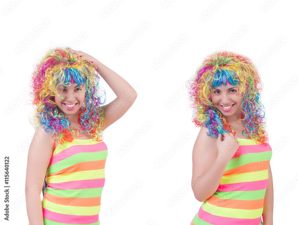 Woman with colourful wig isolated on white Woman with colourful wig isolated on white