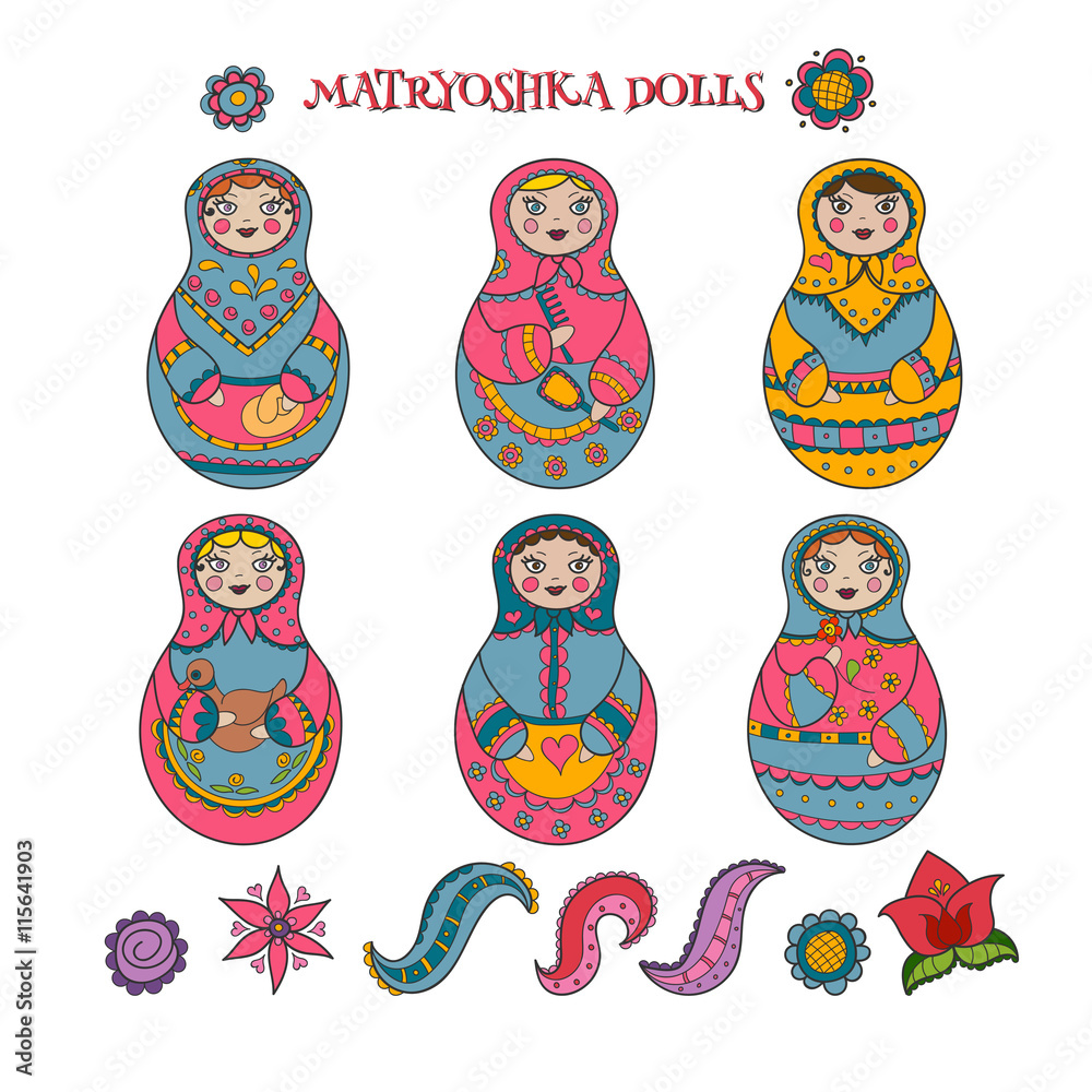 Collection of six hand drawn matryoshka dolls and decorative elements Collection of six hand drawn matryoshka dolls and decorative elements