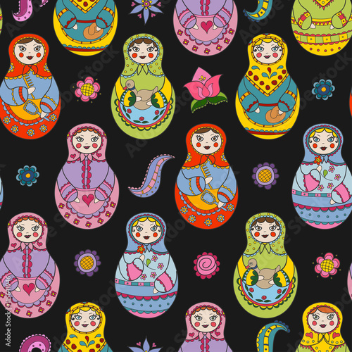 Vector seamless pattern with russian Matryoshka dolls and floral elements