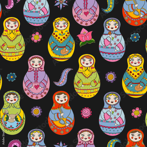 Vector seamless pattern with russian Matryoshka dolls and floral elements