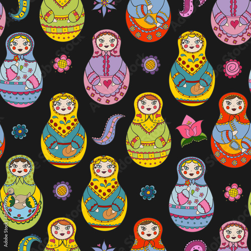 Vector seamless pattern with russian Matryoshka dolls and floral elements