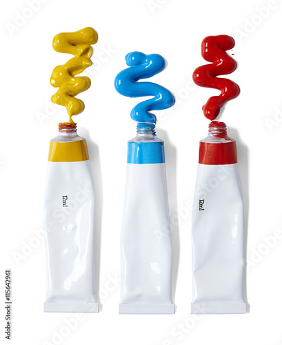Acrylic paint tubes with smears, isolated on a white background